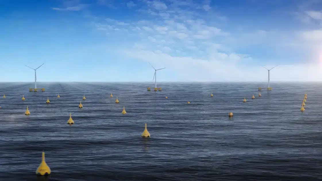 Ocean view of CorPower Ocean's wave energy converters with distant offshore wind turbines.