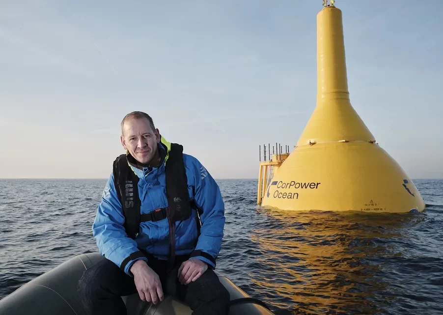 CorPower Ocean Commercial Director Kevin Rebenius offshore with buoy
