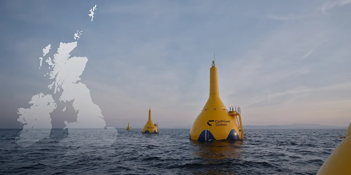 CorPower Ocean wave energy buoys in UK waters with overlay map of Britain